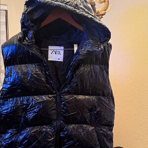 Zara Shiny Black Hooded Performance Jacket